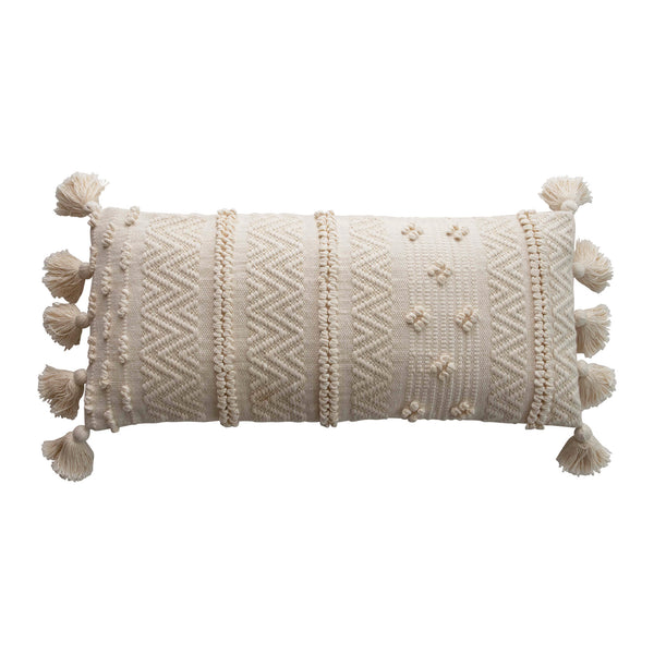 36”x 16” Woven Cotton Lumbar Pillow w/ Pom poms