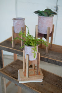 White Washed Clay Flower Pots on Recycled Wood Stands